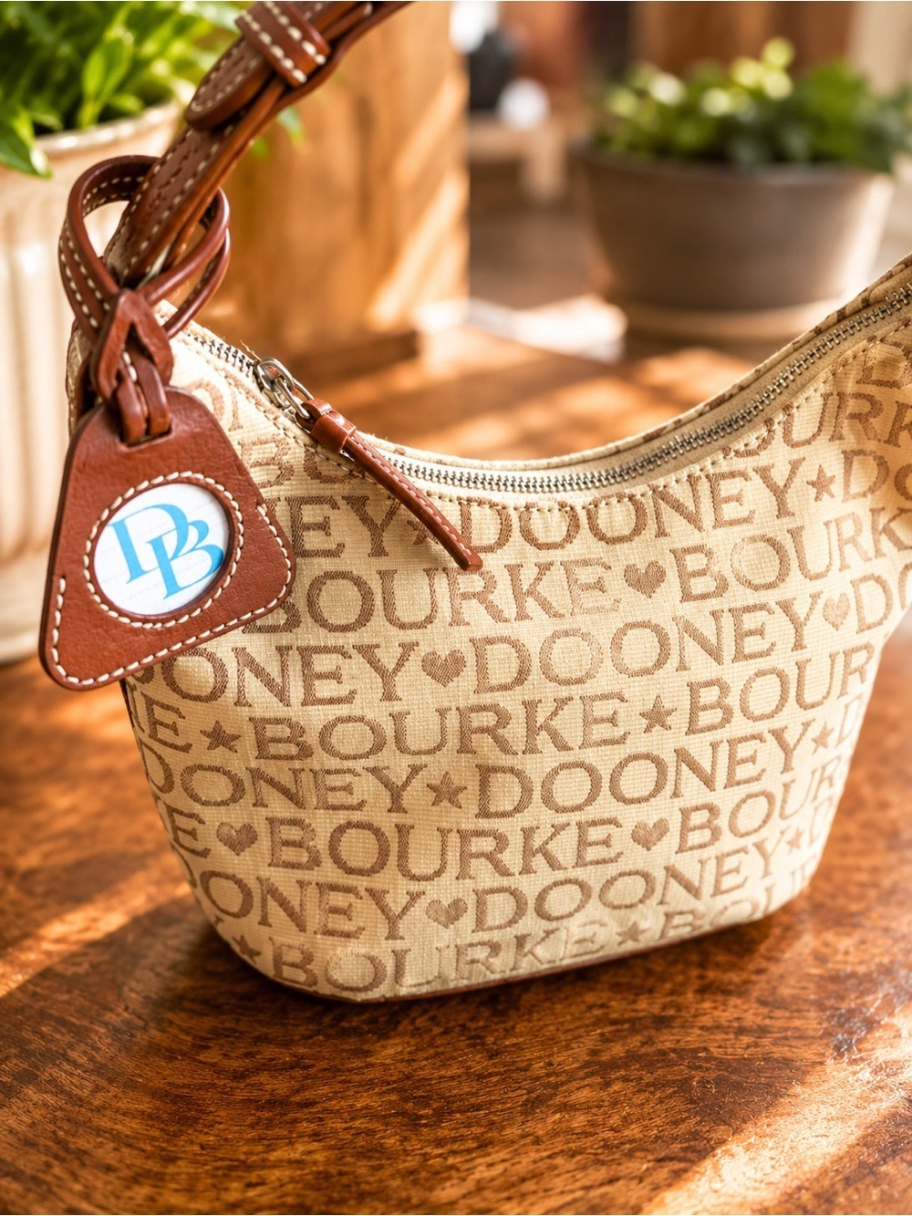 Dooney & Bourke Beige Signature Logo Mini Hobo Bag Brown Leather Trim • Like New - Picture 8 of 13
